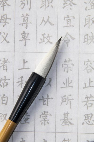 Artistic close-up of a traditional Japanese calligraphy brush on rice paper.